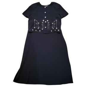 Kathie Lee XL Black 2pc Floral Embroidered Maxi Sleeveless Dress Jacket 90s